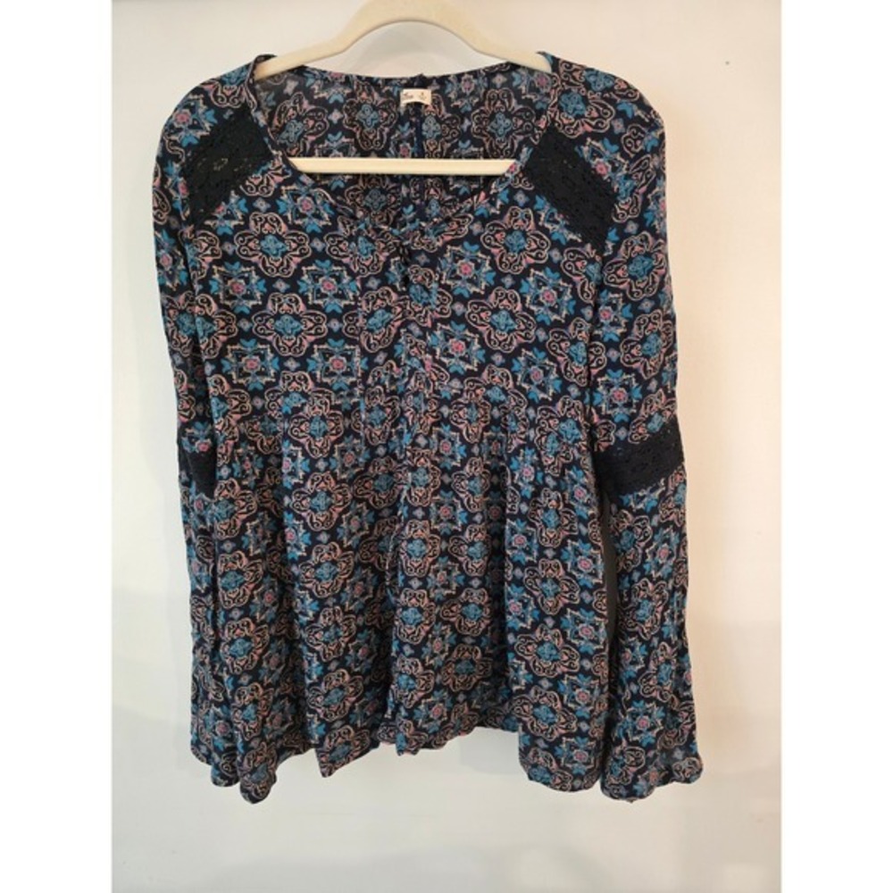 Hollister Floral Print Blouse Top, Lace Trim Long Sleeve, Bohemian Style, Medium